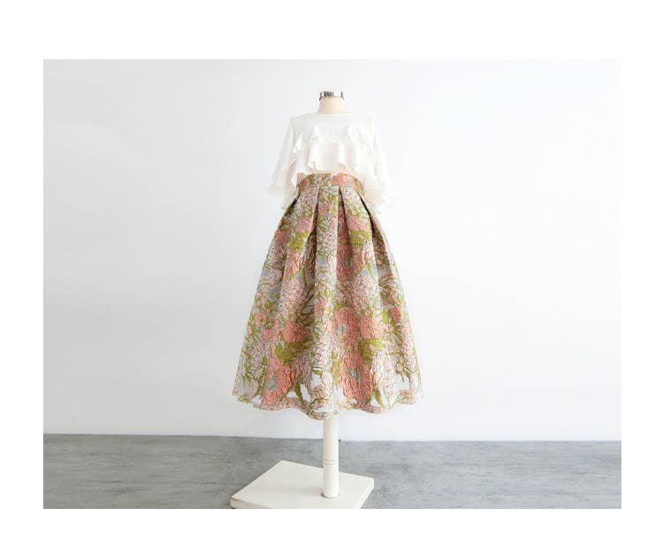 Pink Floral Embroidered High Waist Organza Skirt