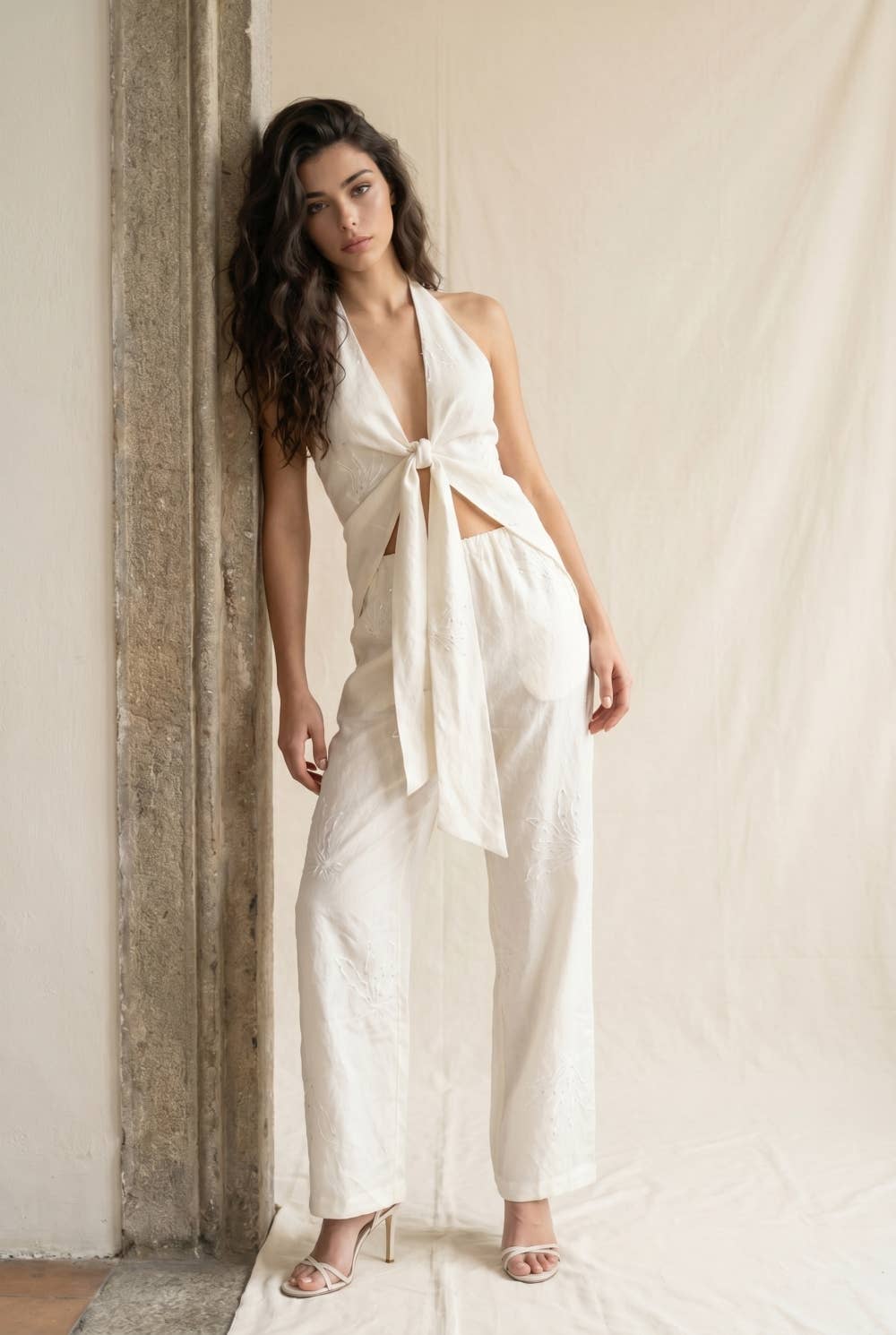 Wide Leg Linen-Blend Trousers