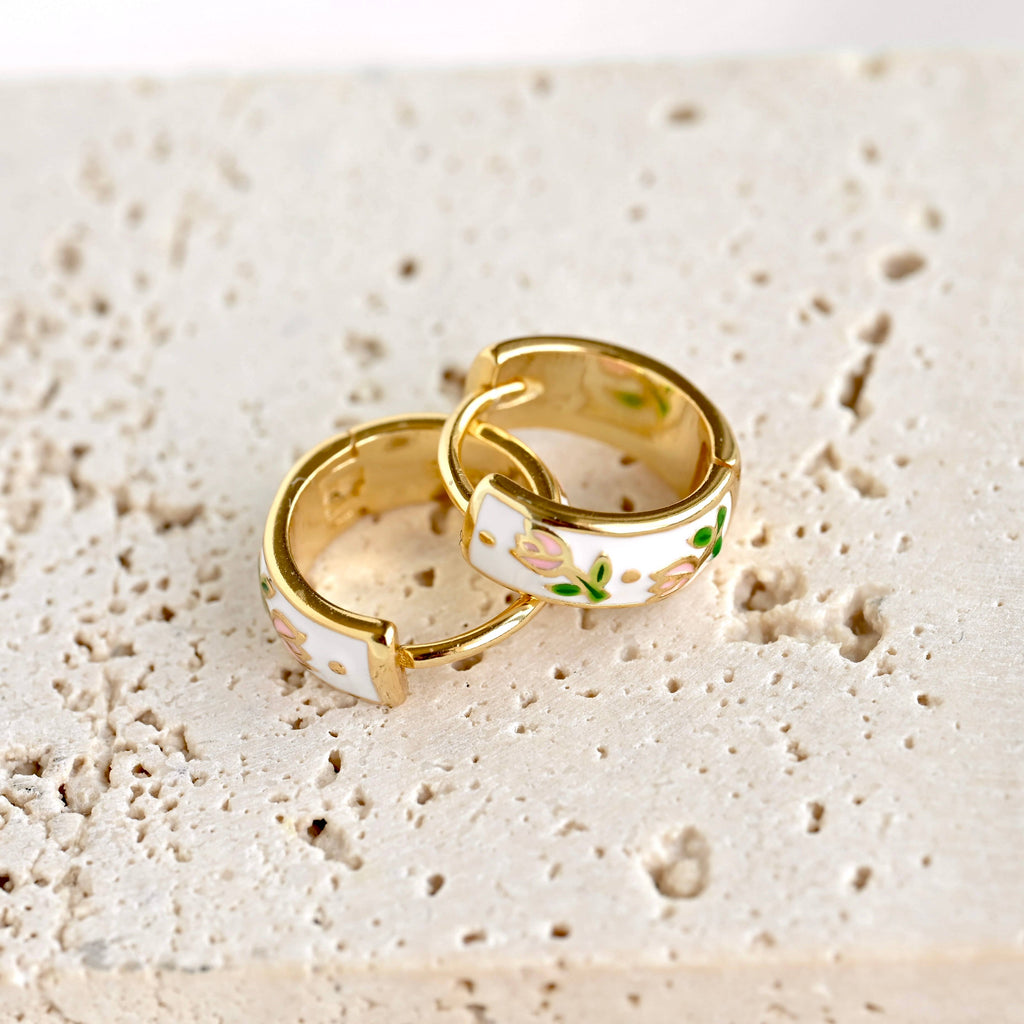 Gold Enamel Flower Hoop Earrings-Vintage Style Silver Hoops