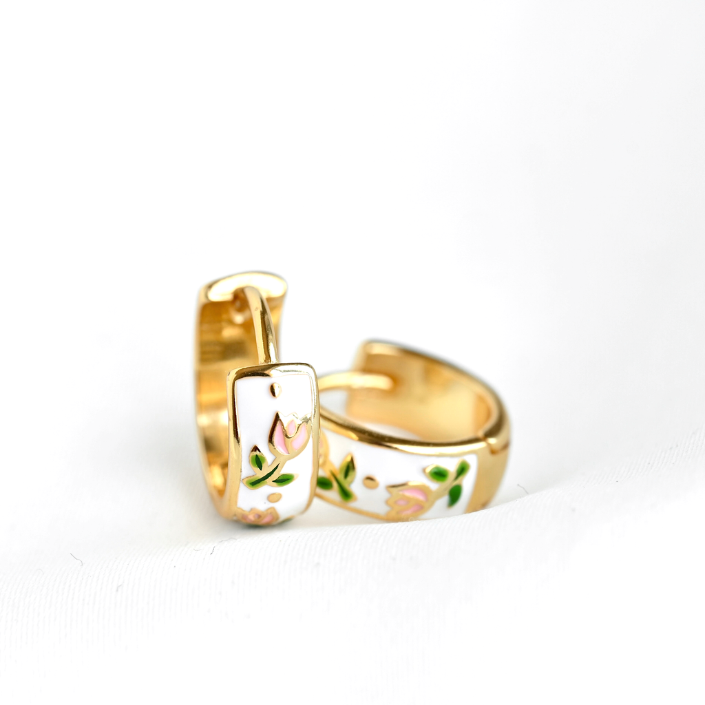 Gold Enamel Flower Hoop Earrings-Vintage Style Silver Hoops