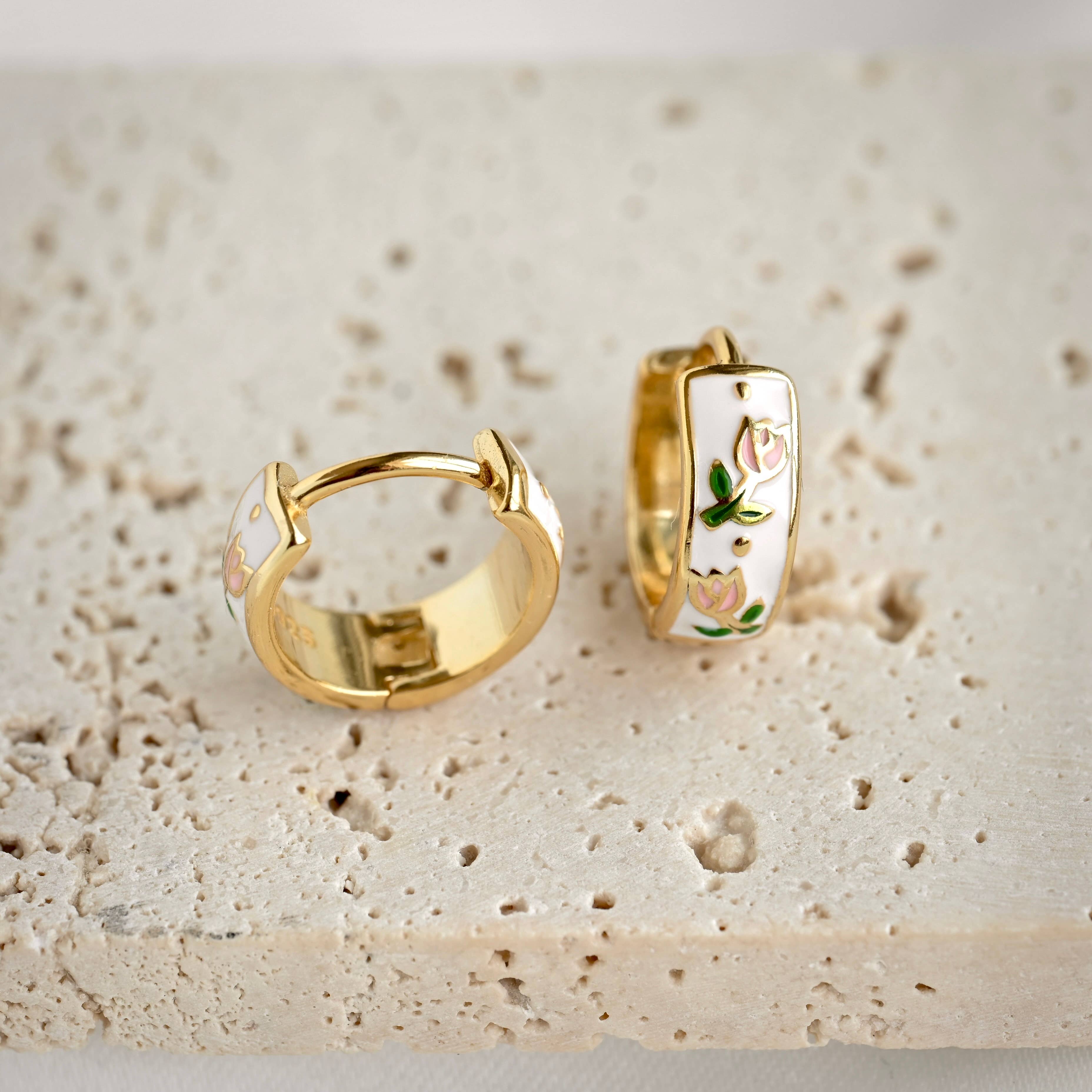 Gold Enamel Flower Hoop Earrings-Vintage Style Silver Hoops