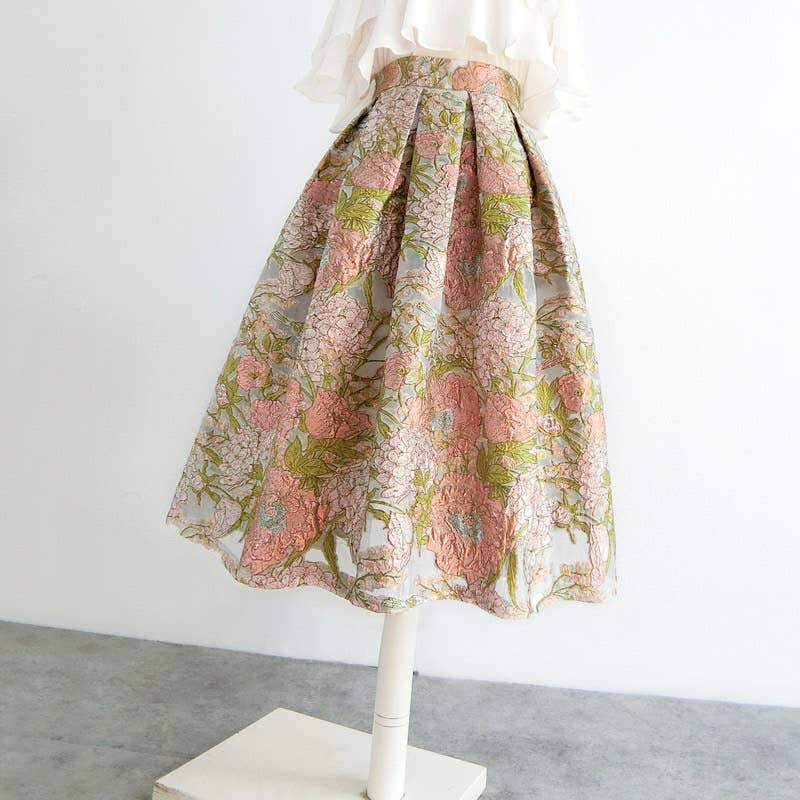 Pink Floral Embroidered High Waist Organza Skirt
