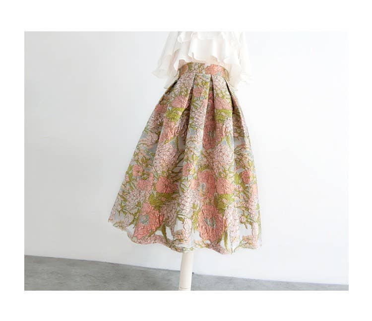 Pink Floral Embroidered High Waist Organza Skirt
