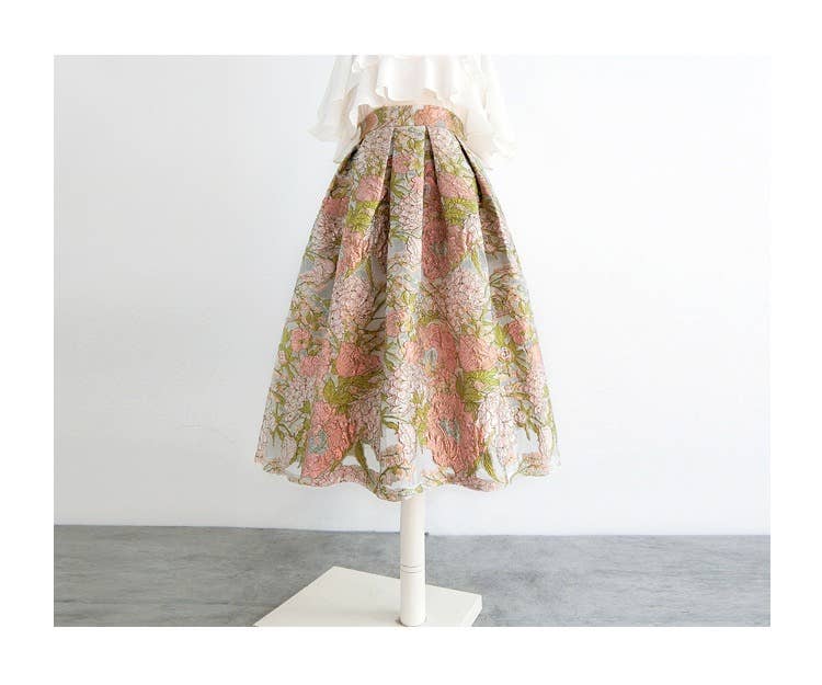 Pink Floral Embroidered High Waist Organza Skirt