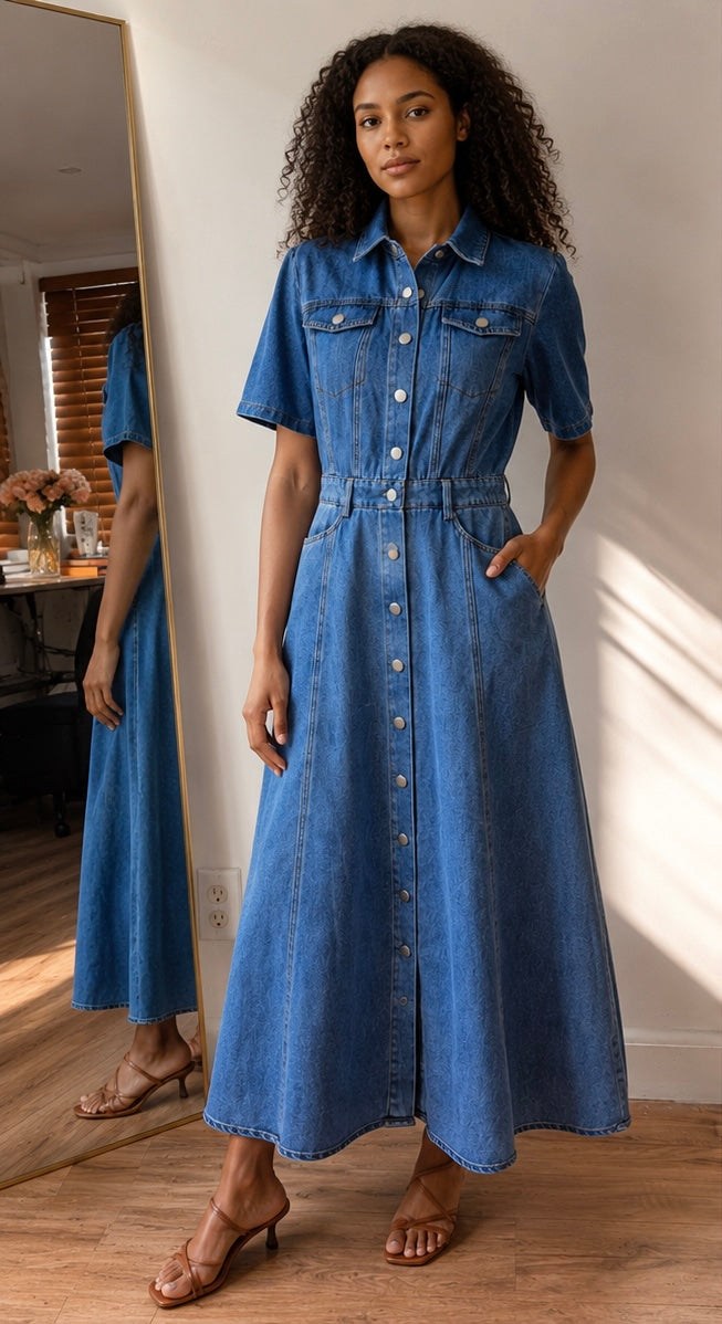 Washed denim midi dress