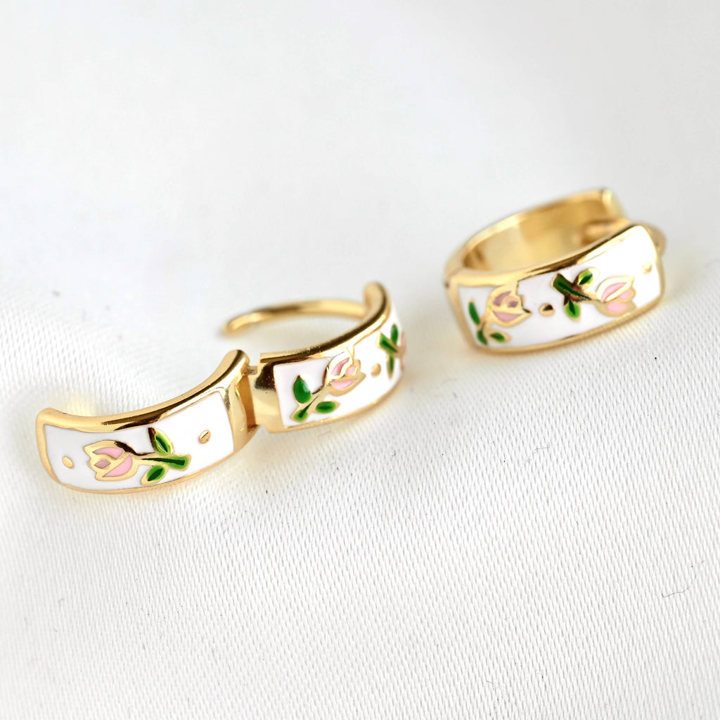 Gold Enamel Flower Hoop Earrings-Vintage Style Silver Hoops