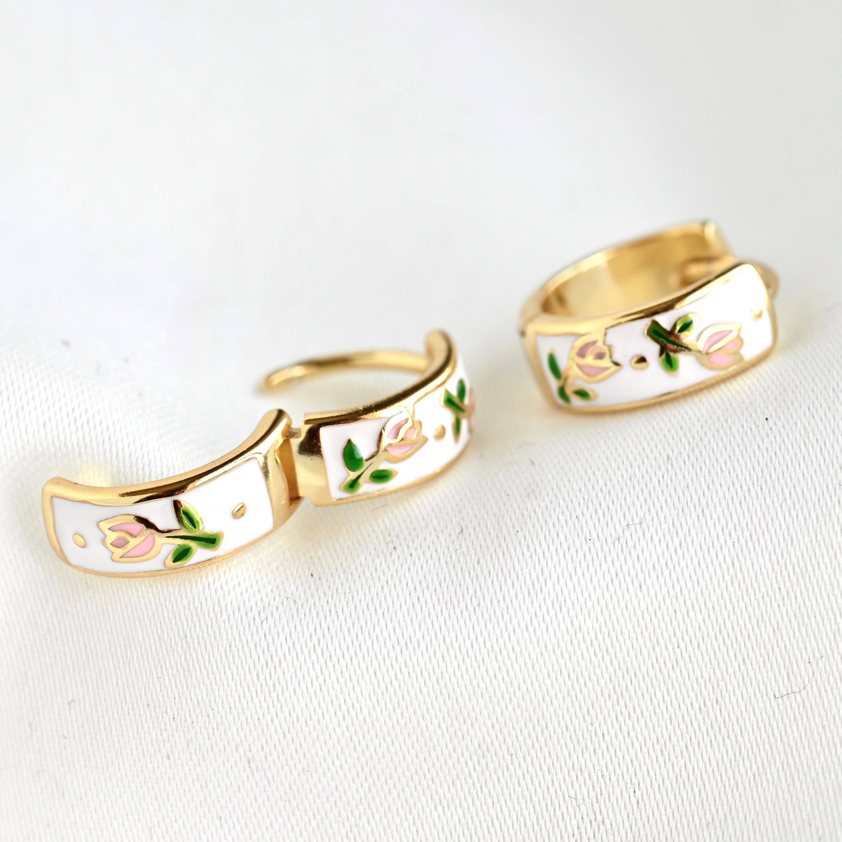 Gold Enamel Flower Hoop Earrings-Vintage Style Silver Hoops