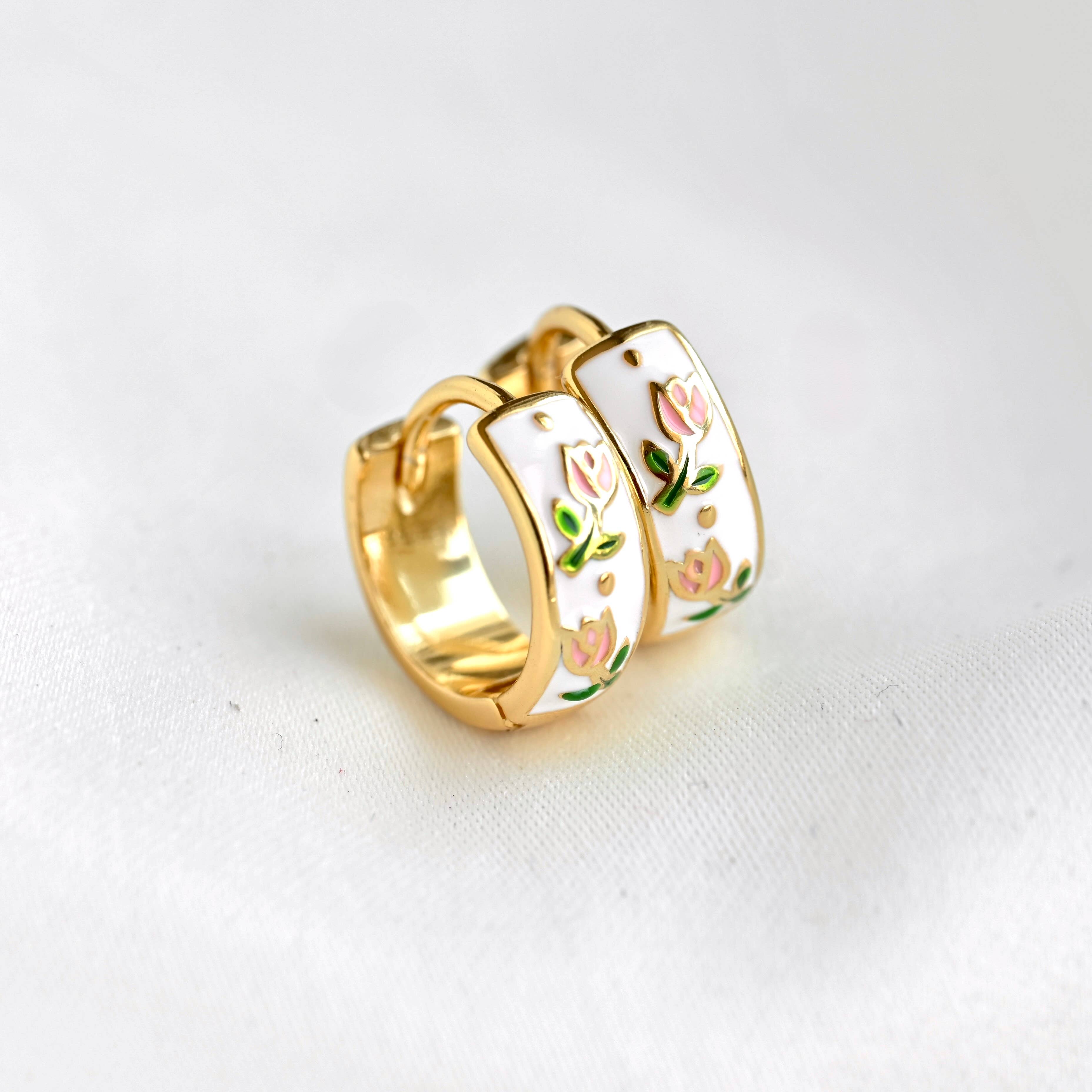 Gold Enamel Flower Hoop Earrings-Vintage Style Silver Hoops
