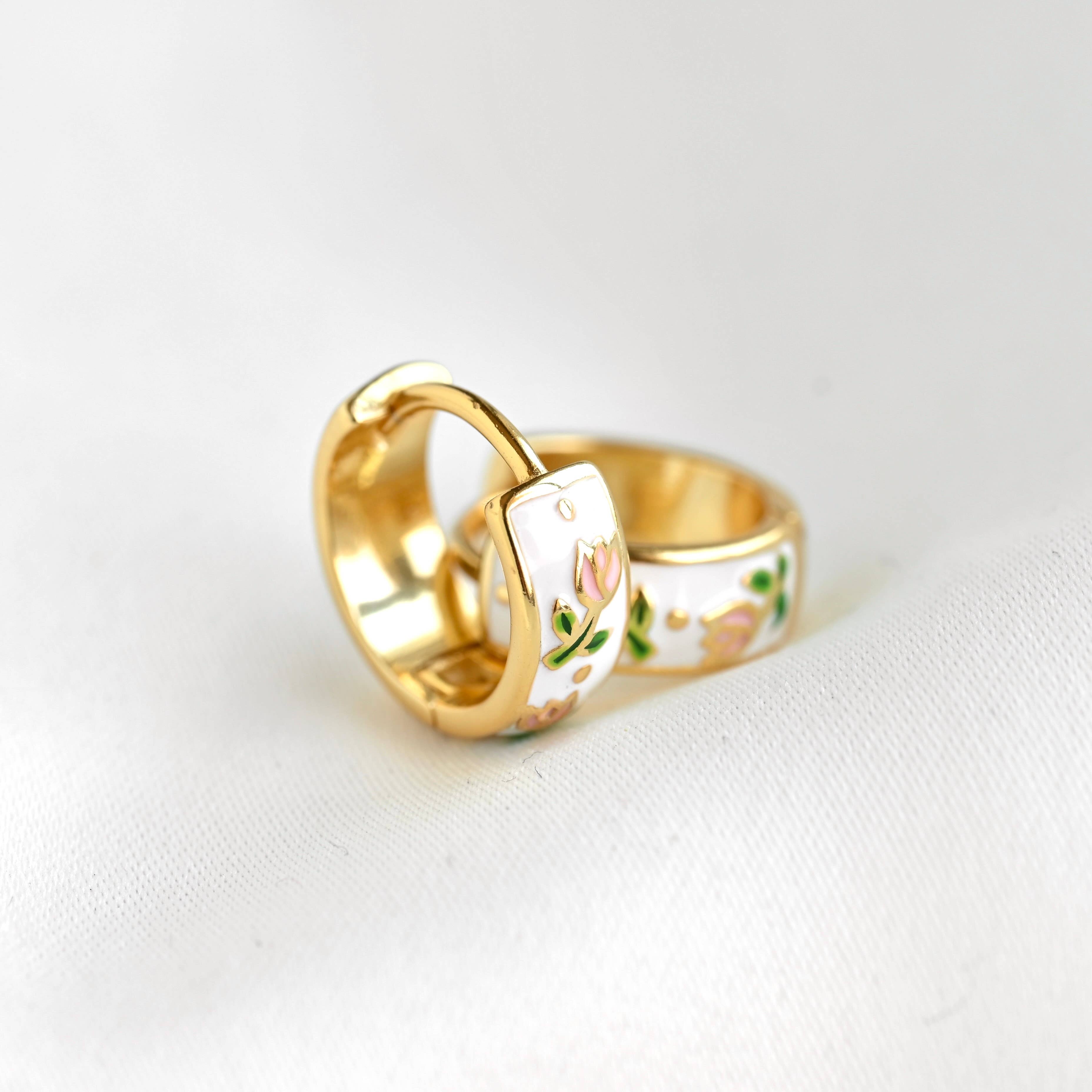 Gold Enamel Flower Hoop Earrings-Vintage Style Silver Hoops