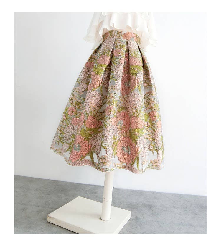 Pink Floral Embroidered High Waist Organza Skirt