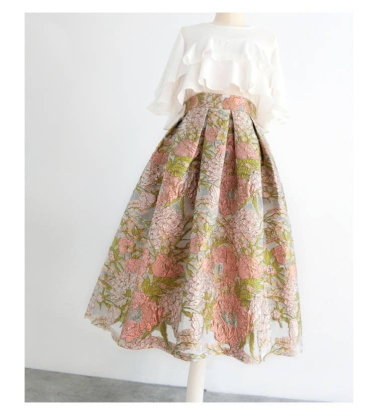 Pink Floral Embroidered High Waist Organza Skirt
