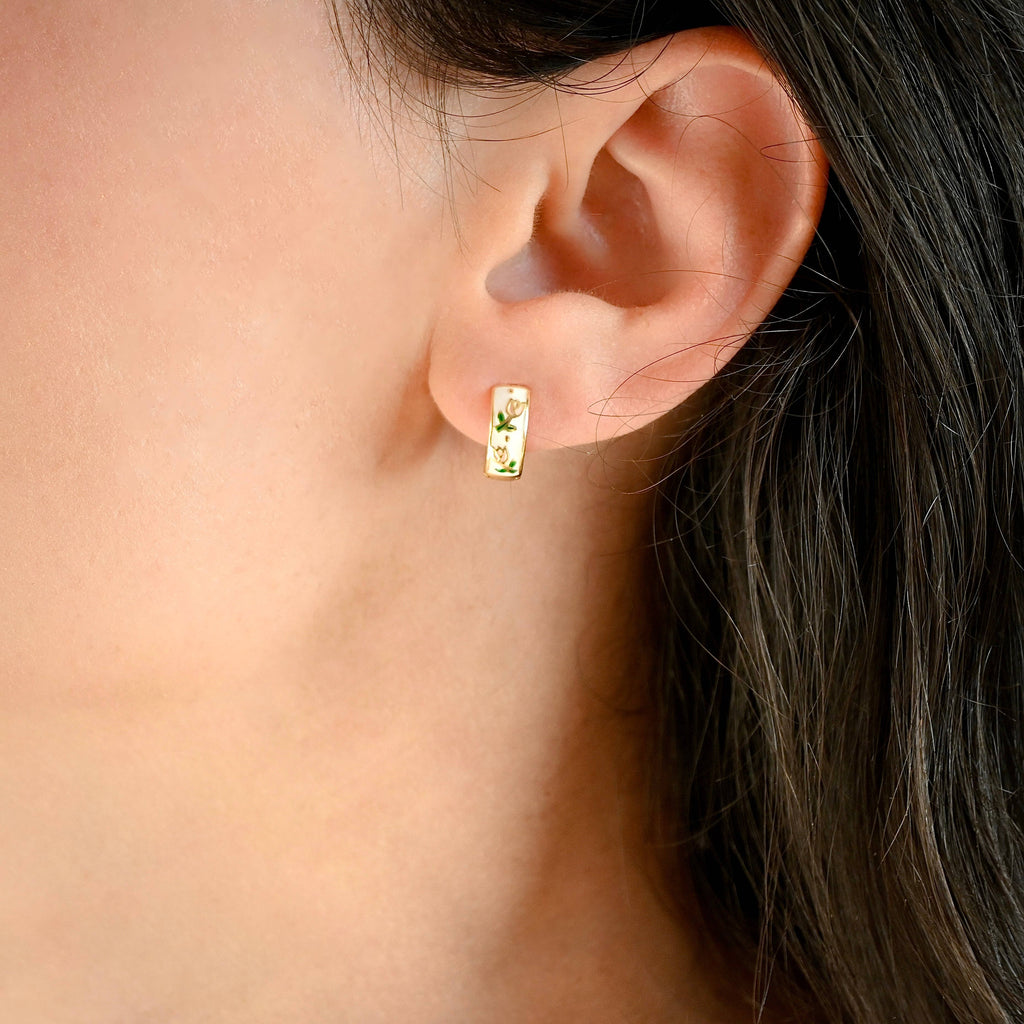 Gold Enamel Flower Hoop Earrings-Vintage Style Silver Hoops
