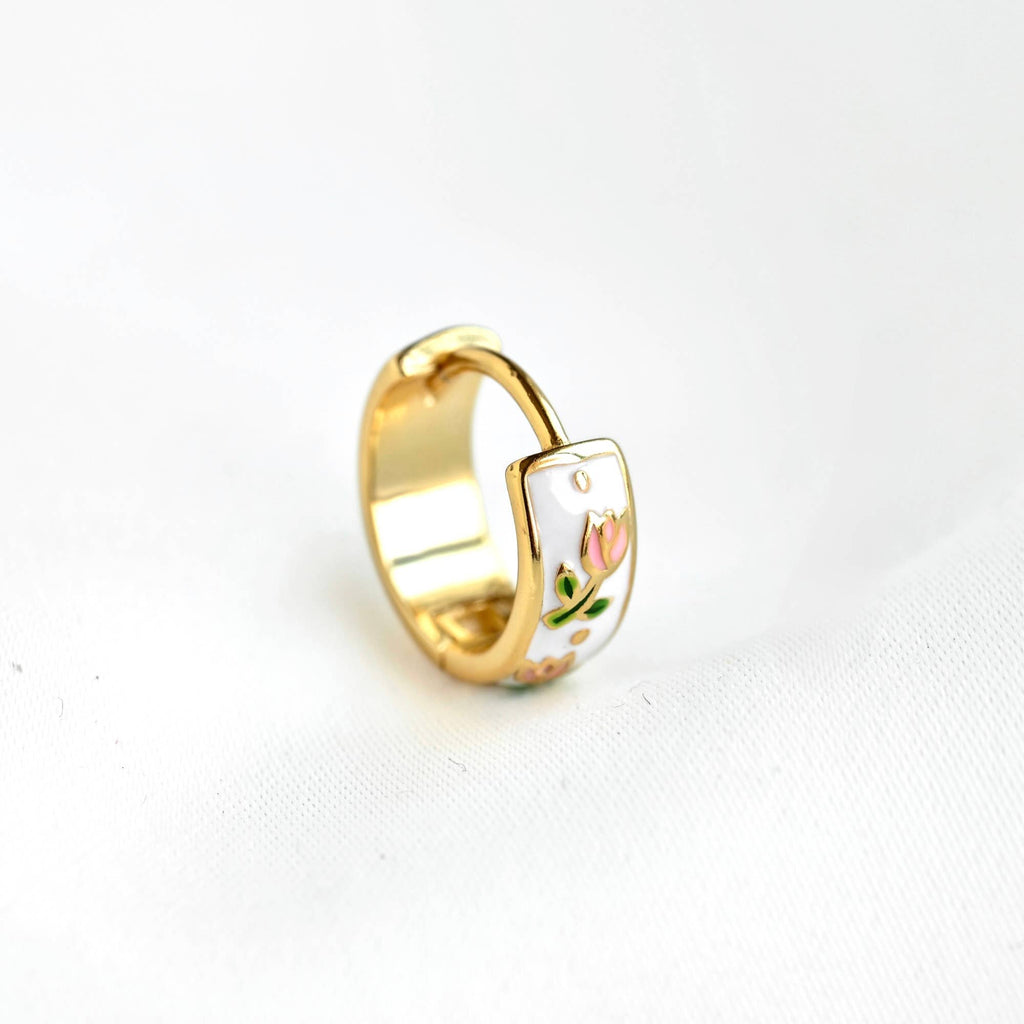 Gold Enamel Flower Hoop Earrings-Vintage Style Silver Hoops